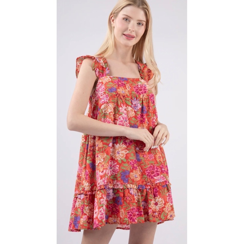 Very J Womens Floral Babydoll Mini‎ Dress Orange Ruffle Sleeve -  Size M